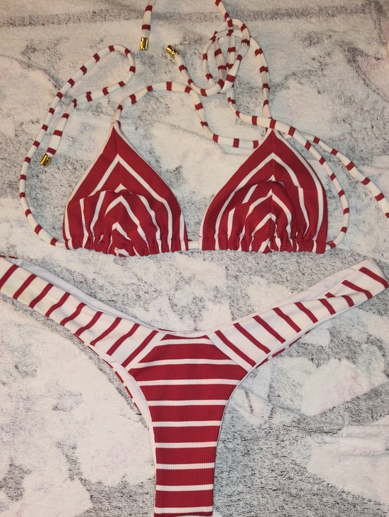 Beach Bunny Other - Beach Bunny Red and White Striped Ribbed Triangle Bikini Set